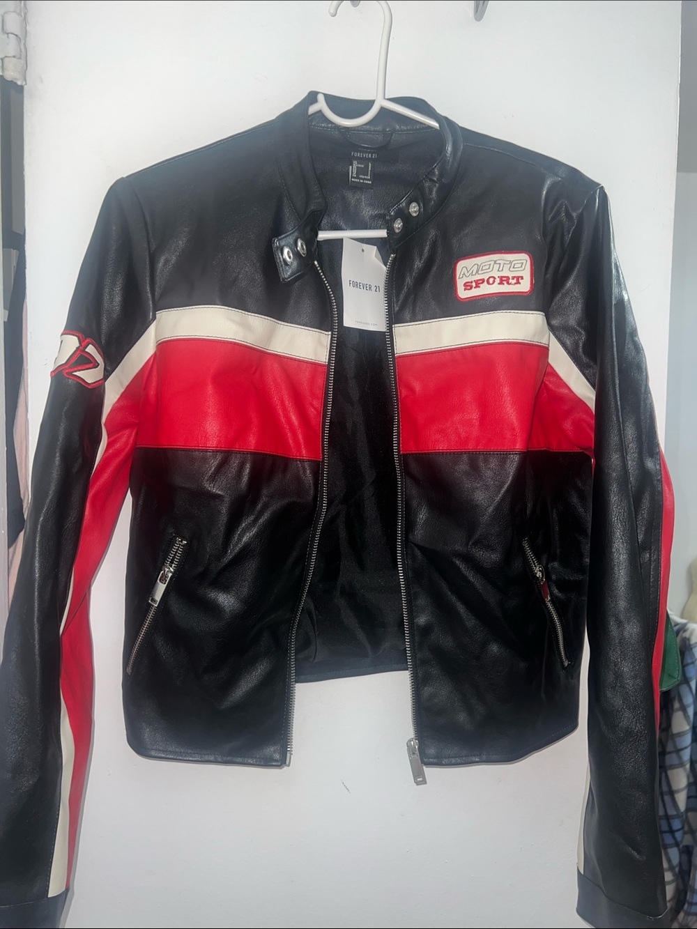 Forever 21 Black, Red & White Moto Sport Faux Leather Jacket